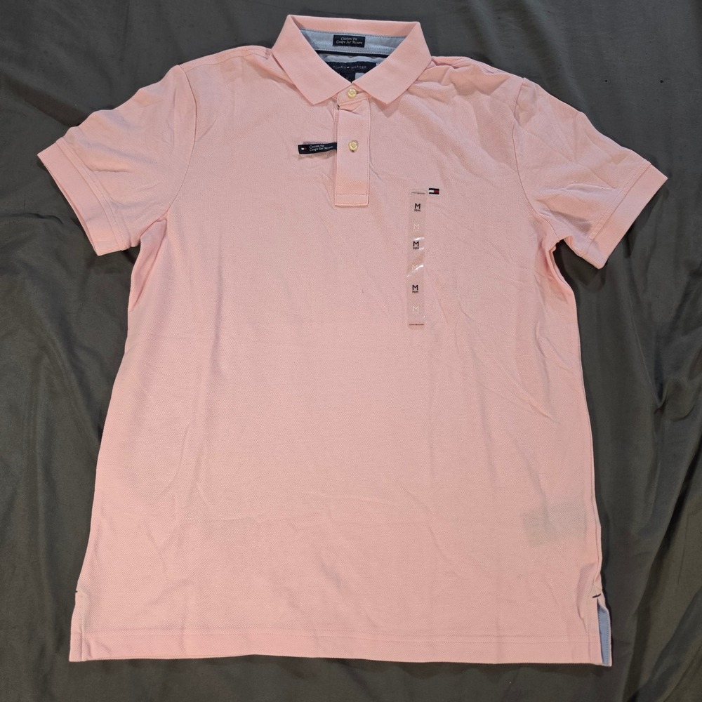 Tommy Hilfiger Mens Custom Fit Cotton Pique Polo Shirt Pink Medium Short Sleeve